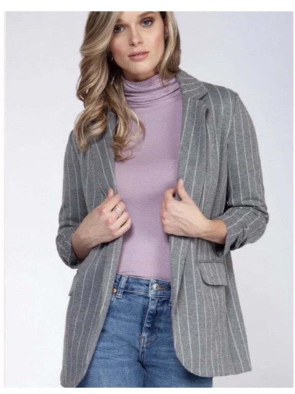 Black Tape Striped Open-Front Blazer Jacket Womens P/XL Gray White Polyester